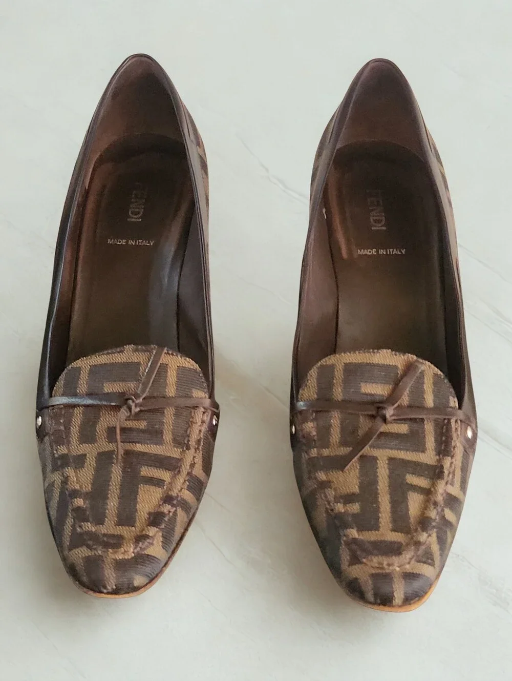 Vintage Fendi Zucca Monogram Canvas Loafer Pump Heels Brown Sz 40